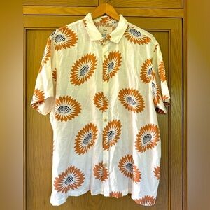 NWOT Folk Men's Cream Drake Sunflower Linen-Blend Casual Button Down / Large